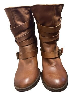 Steve Madden Brown Wrap-Strap Mid-Calf Combat leather Boots rockabilly SZ 10